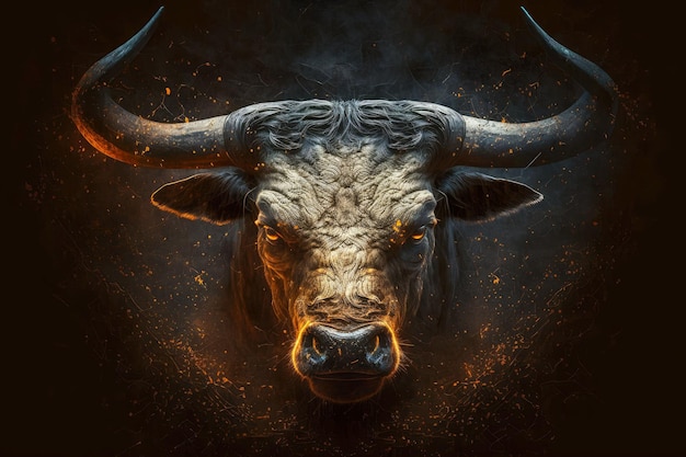 Portrait of angry violent bulls face on dark background generative ai