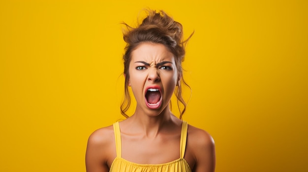 Photo portrait of angry young woman screaming at camera over yellow background generate ai