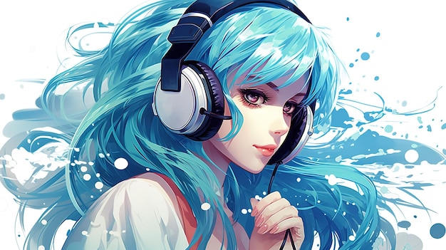 portrait of an anime girl with blue hair listens to music on headphones