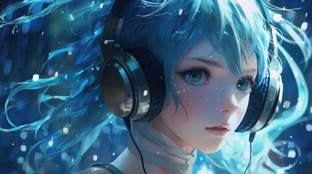 portrait of an anime girl with blue hair listens to music on headphones