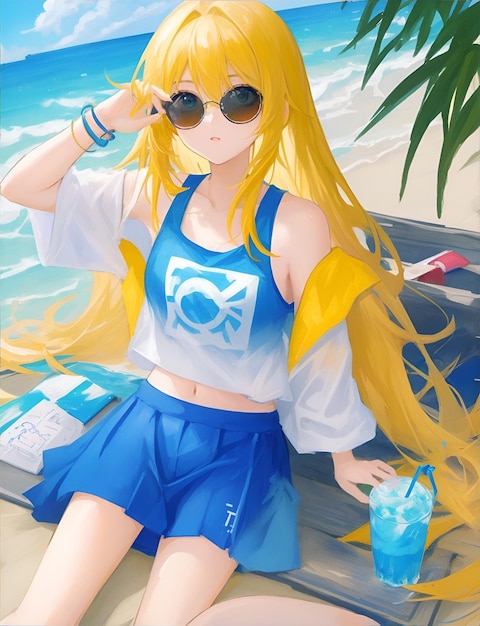 portrait of anime girl with wearing yellow summer clothes at the beach 05