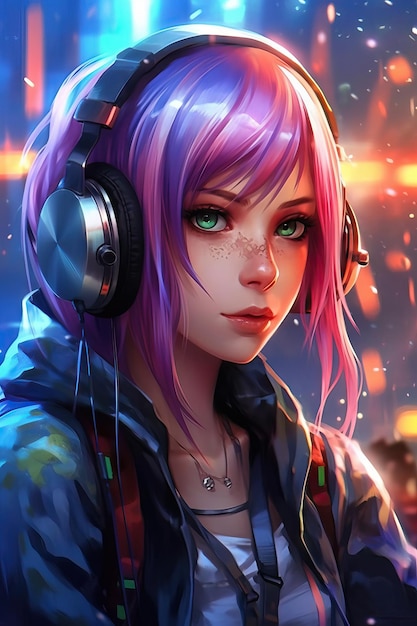 Portrait of a anime manga woman in a city color hair hearing music on headset for city pop lofi