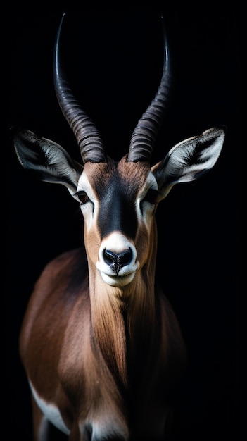 A portrait of an antelope with large horns.