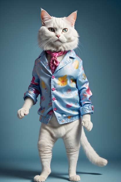 Portrait of anthropomorphic cat wearing cool clothes on monochrome background