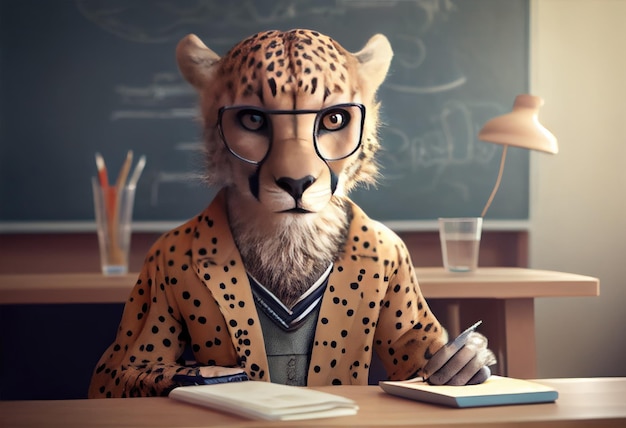 Portrait of an anthropomorphic cheetah dressed as a schoolboy in a classroom Generate Ai