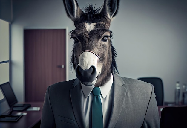 Portrait of an anthropomorphic donkey in a suit of a businessman as office worker Generate Ai