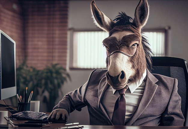 Portrait of an anthropomorphic donkey in a suit of a businessman as office worker Generate Ai