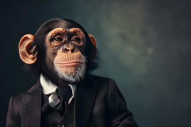 A portrait of anthropomorphic monkey wearing classic suit