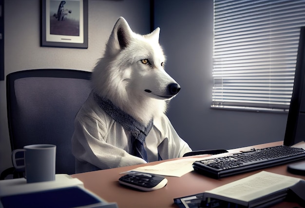 Portrait of an anthropomorphic polar wolf as a developer in the office Generate Ai