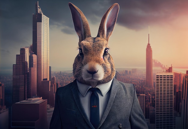 Portrait of an anthropomorphic rabbit businessman roaming the city streets Generate Ai