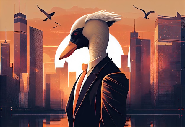 Portrait of an anthropomorphic swan dressed as a businessman against the backdrop of a modern city at sunset Generate Ai