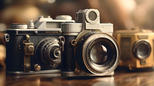 Portrait of an antique Vintage Cameras against abstract background with space for text