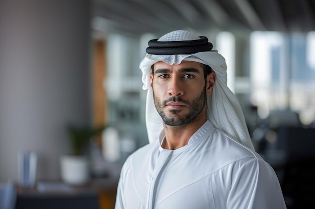 Portrait of Arab businessman dressed in traditional clothes in an office Muslim Arab sheikh