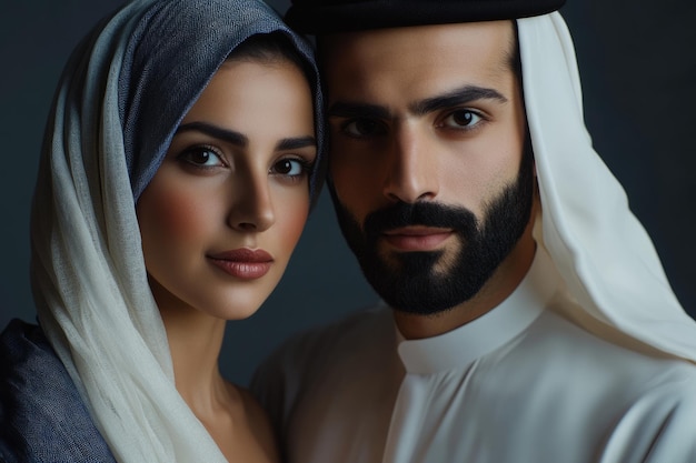 Photo portrait of arabic couple with traditional clothes in a studio