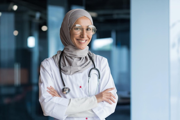 Portrait of arabic female doctor in modern clinic muslim woman wearing hijab glasses and white