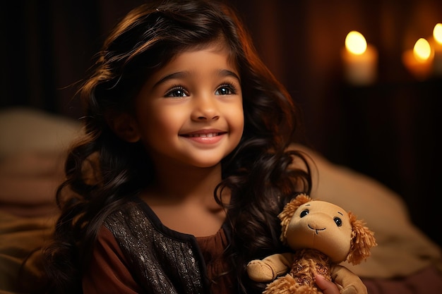 Portrait of Arabic Little Girl Holding a Doll with Happy Expression AI Generative