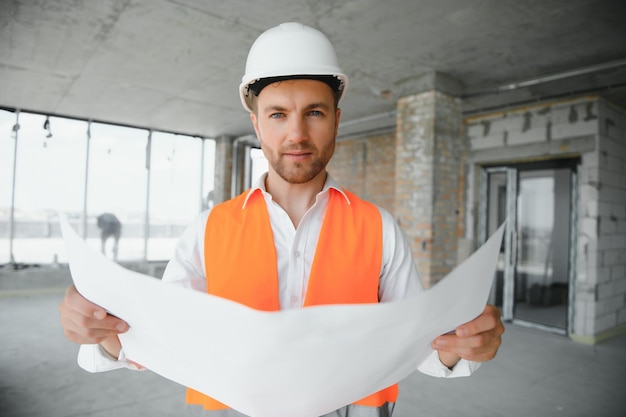 Portrait of an architect builder studying layout plan of the rooms, serious civil engineer working with documents on construction site, building and home renovation, professional foreman at work.