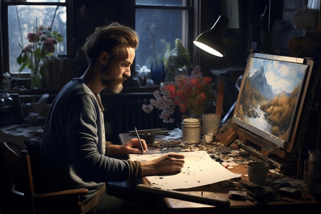 Portrait of an artist working in his studio