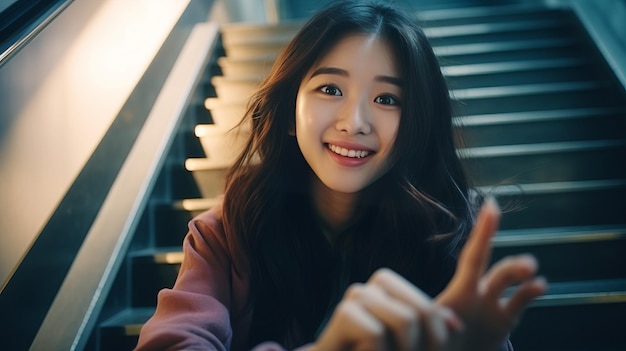 Portrait of asian beautiful girl takes selfie on smartphone young korean woman sits on stairs