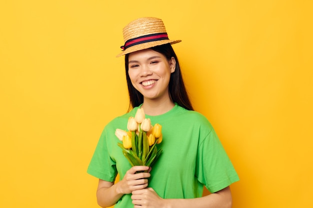 Portrait Asian beautiful young woman bouquet of flowers romance spring posing isolated background unaltered