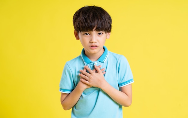 Portrait of an asian boy posing on a yellow background