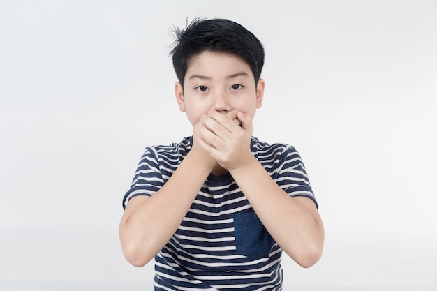 Portrait of asian child upset and close your mouth by hand .