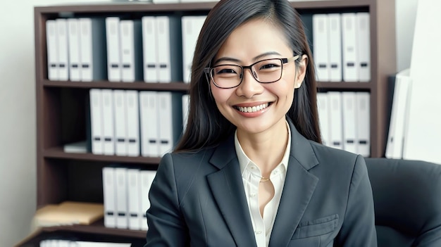 Portrait asian confident short hair wearing glasses woman in suit in the office generative art by AI