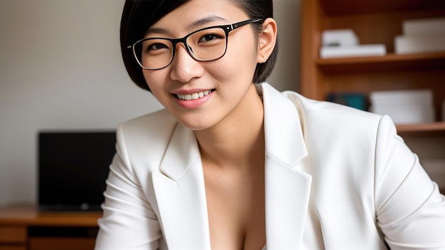 Portrait asian confident short hair wearing glasses woman in suit in the office generative art by AI