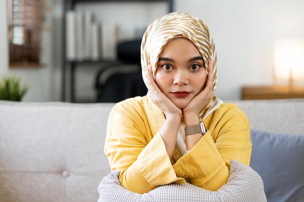 Portrait of Asian cute smile Muslim teenage girl wearing islamic dress hijab is looking to camera