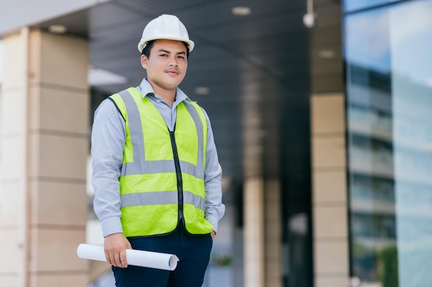 Portrait of Asian engineer young man wearing safety vest and helmet standing on building construction site background Engineering construction worker concept