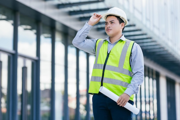 Portrait of Asian engineer young man wearing safety vest and helmet standing on building construction site background Engineering construction worker concept