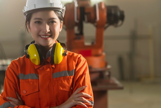 Portrait of asian female engineer wearing uniform and saftey helmet standing confident and cheerful next to automation robot arm machine in factory background