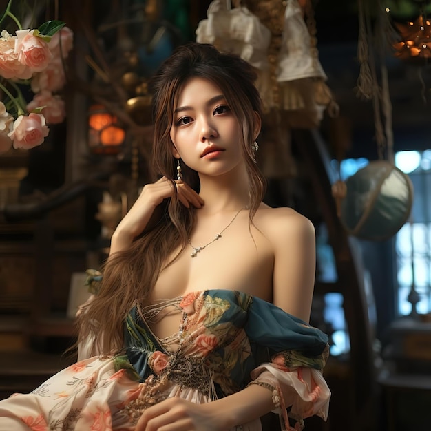 Portrait of Asian girl wearing a beautiful dress Created by ai generated