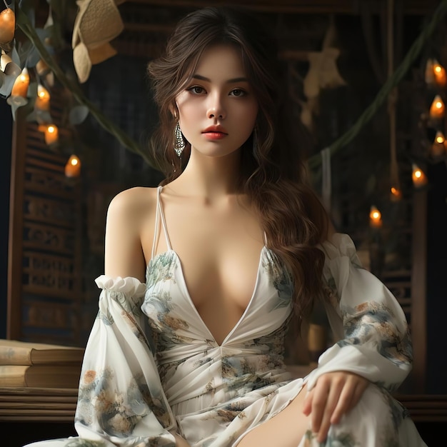 Portrait of Asian girl wearing a beautiful dress Created by ai generated