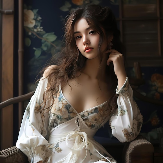 Portrait of Asian girl wearing a beautiful dress Created by ai generated