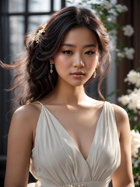 A portrait of an Asian girl with a white dress with beautiful smile