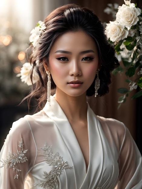 A portrait of an Asian girl with a white dress with beautiful smile