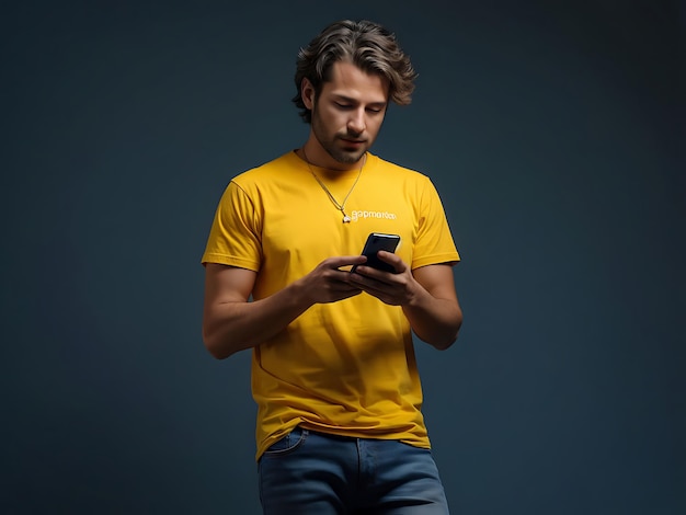 Portrait of Asian guy using phone and posing on blue background