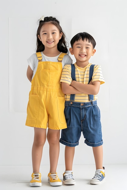 Portrait of asian little boy and girl standing on white cube