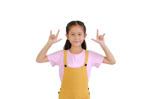 Portrait of Asian little girl child show sign hands language "I love you" isolated over white background.