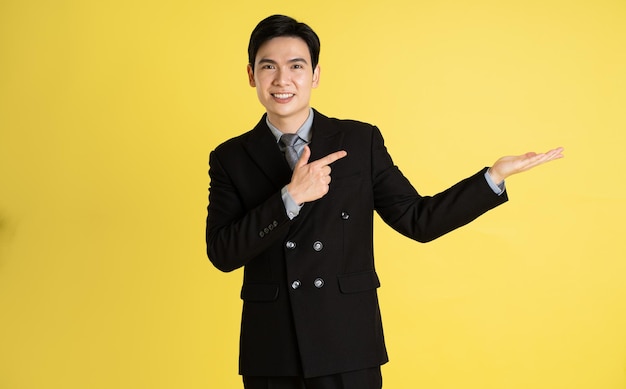 Portrait of Asian male businessman wearing a suit and posing on a yellow background