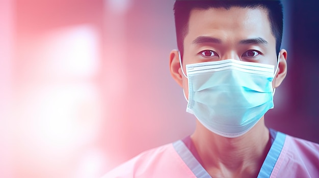 Portrait of Asian male surgeon wearing mask looking at camera with bokeh pink background