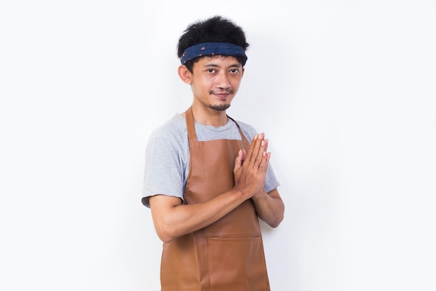 portrait asian man barista waitress welcoming guests gesture isolated on white background