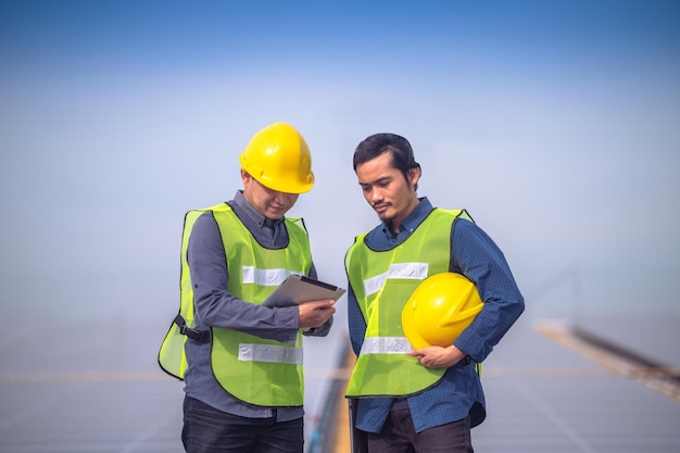 Portrait of Asian man engineer construction concept Asian man engineer in construction site Worker in building construction site worker helmet confident copy spec worker in safety suit at work