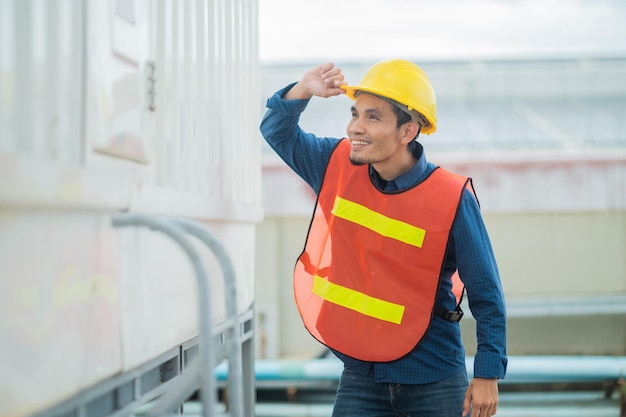 Portrait of Asian man engineer construction concept Asian man engineer in construction site Worker in building construction site worker helmet confident copy spec worker in safety suit at work