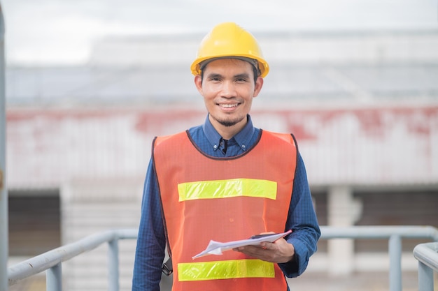 Portrait of Asian man engineer construction concept Asian man engineer in construction site Worker in building construction site worker helmet confident copy spec worker in safety suit at work