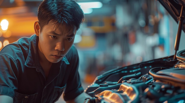 Portrait of an Asian mechanic checking the safety of a car Maintenance of damaged parts in the garage Maintenance repairs Repair service concept