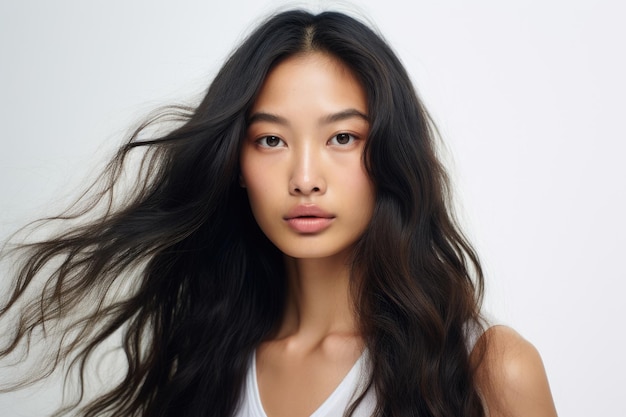 Portrait of an Asian model girl with perfect skin without makeup and long thick hair. A mood of calm and peace