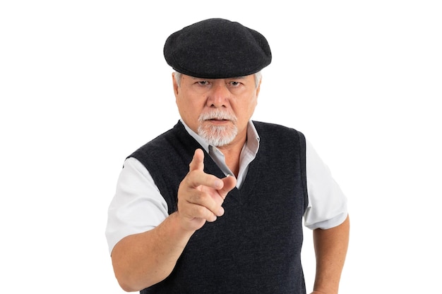 Portrait Asian senior man old man feel Bad mood angry serious pointing finger isolated on white background lifestyle senior male concept