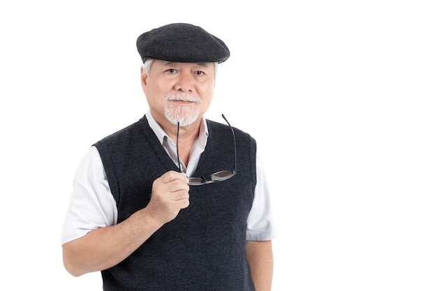 Portrait Asian senior man , old man , feel happy good health isolated on white background - lifestyle senior male concept